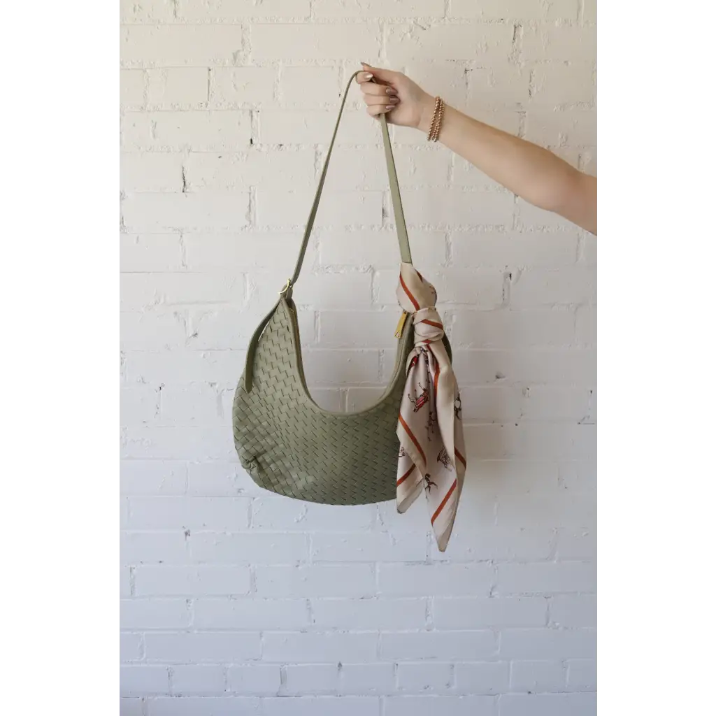 Light green vegan leather Diana Woven Bag XL with two interior pockets and a patterned scarf