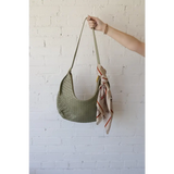 Light green vegan leather Diana Woven Bag XL with two interior pockets and a patterned scarf