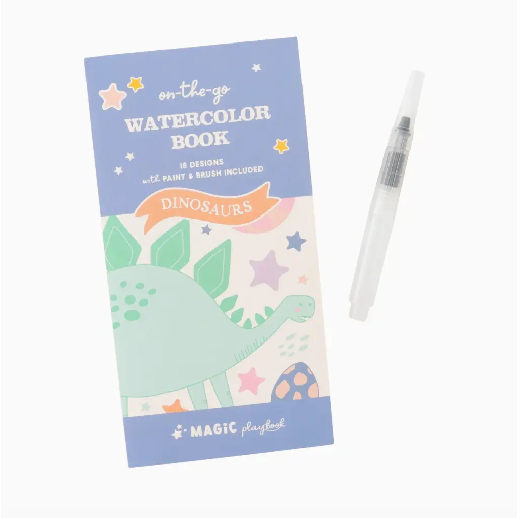 Kids watercolor book with dinosaur designs and water brush, perfect for creative fun