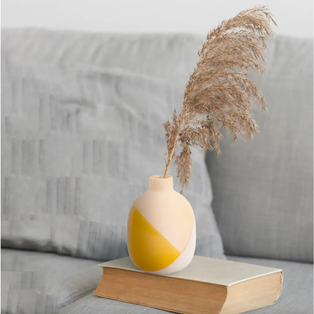Yellow and cream Dipped Glaze Bud Vase with dried plant for polished prints decor