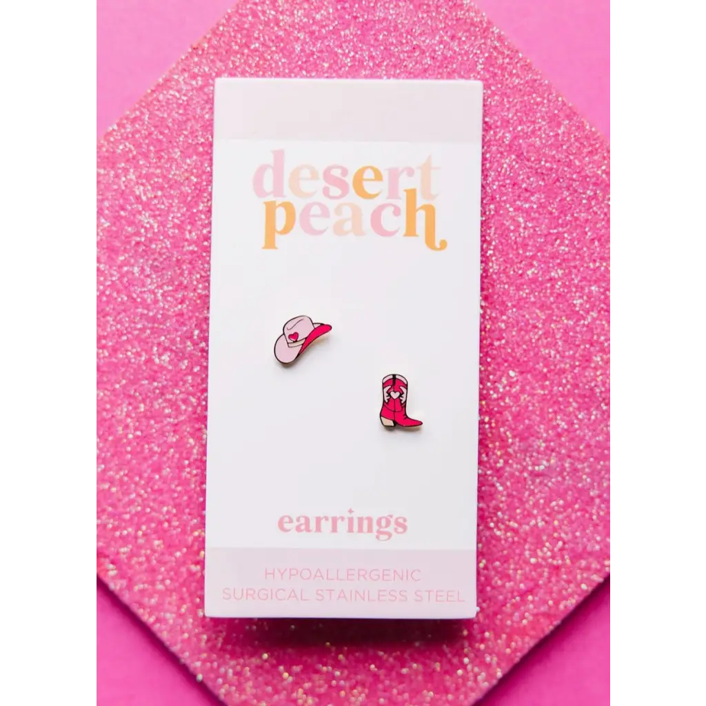 Pink cowgirl-themed hypoallergenic earrings for active girls with sensitive ears