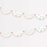Ditsy posy paper garland with white scalloped banner, ditsy floral clusters, red edges