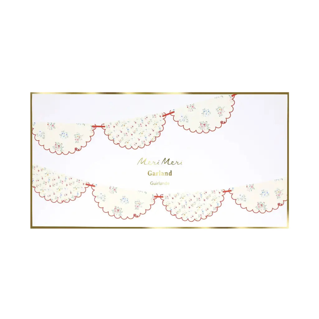 Ditsy posy paper garland with ditsy floral clusters and red ribbon ties