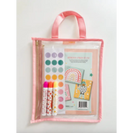Clear plastic tote with pink trim holding Dot Marker Activity Kit with dot stickers