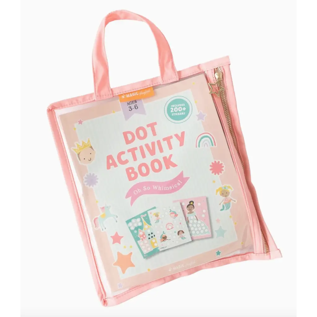 Pink zippered tote bag with Dot Sticker Activity Kit and Dot Marker Activity Book for ages 3-6