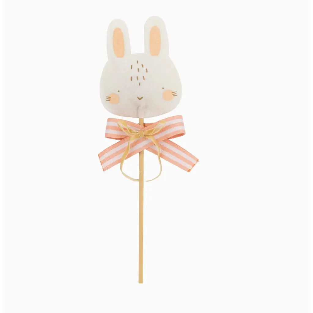 Cute felt bunny wand toy with a bunny head on a stick and a striped bow