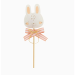 Cute felt bunny wand toy with a bunny head on a stick and a striped bow