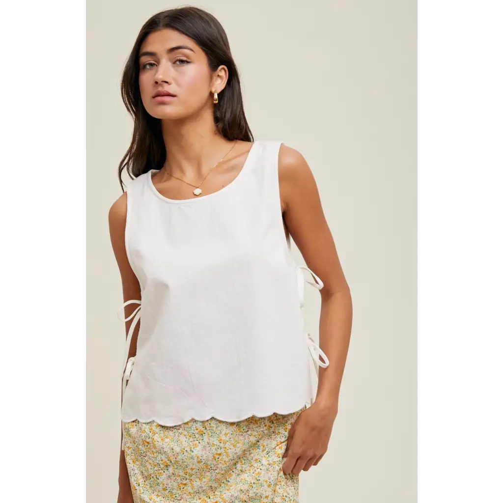 White sleeveless scallop-hem Eliza Tie-Side Tank showcasing stylish womens clothes for moms