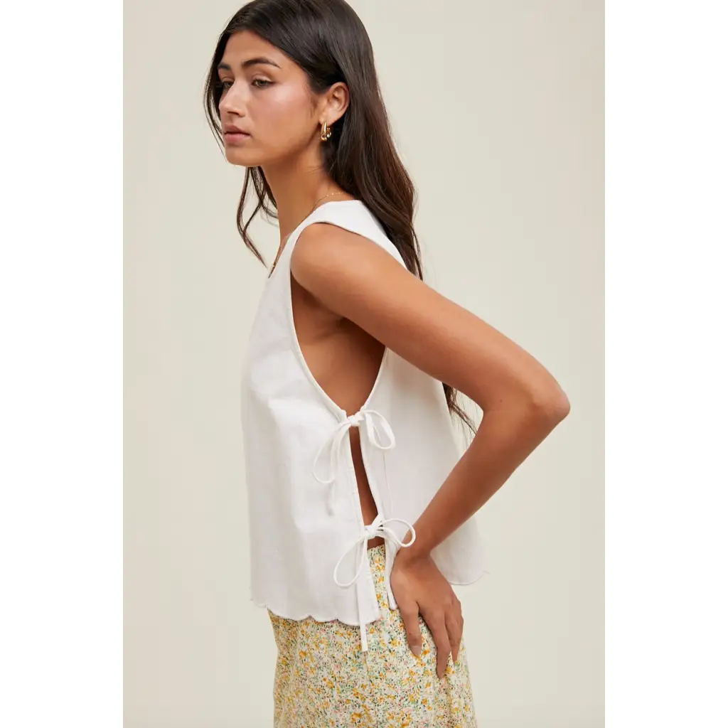 White sleeveless tie-side top from Eliza Tie-Side Tank, perfect for stylish womens clothes and moms