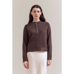 Brown textured Ellia henley sweater with front buttons