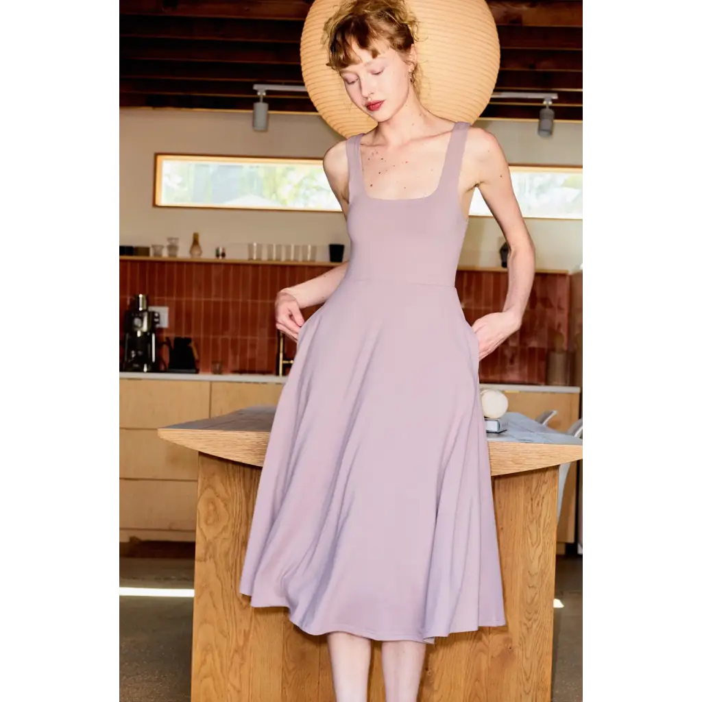 Lavender Ellie Square Neck Fit and Flare Jersey Midi Dress made of stretchy jersey fabric