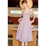 Lavender Ellie Square Neck Fit and Flare Jersey Midi Dress made of stretchy jersey fabric