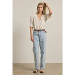 Stylish womens clothes: light-wash straight-leg jeans with belt on woven fabric blouse