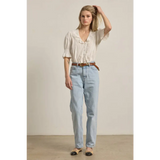 Stylish womens clothes: light-wash straight-leg jeans with belt on woven fabric blouse