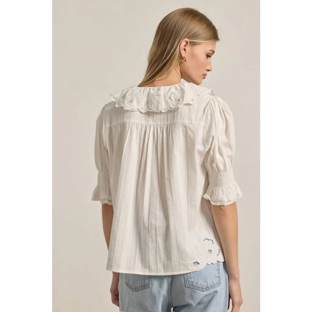 White Embroidered Collar Button Blouse with lace ruffle and puff sleeves