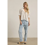 Soft off-white woven fabric blouse with embroidered collar and lace trim