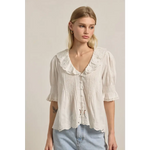 Embroidered collar button blouse in woven fabric with lace V-neck sleeves