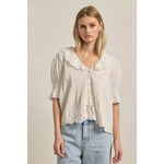 Embroidered collar button blouse in woven fabric with lace ruffles