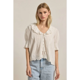 Embroidered collar button blouse in woven fabric with lace ruffles