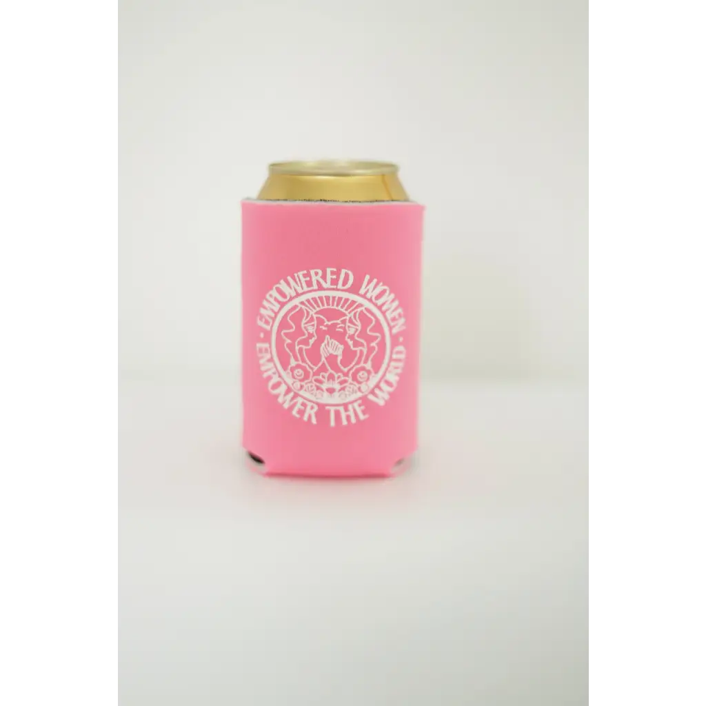 Pink drink koozie with circular logo for Empowered Women and fellow girl gang fun