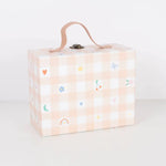 Pale pink enamel charms necklace advent calendar with gingham suitcase design