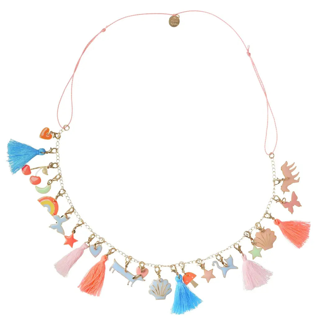 Pastel tassel necklace with enamel charms, pale pink and gold tone