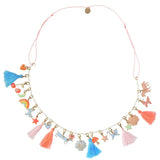 Pastel tassel necklace with enamel charms, pale pink and gold tone