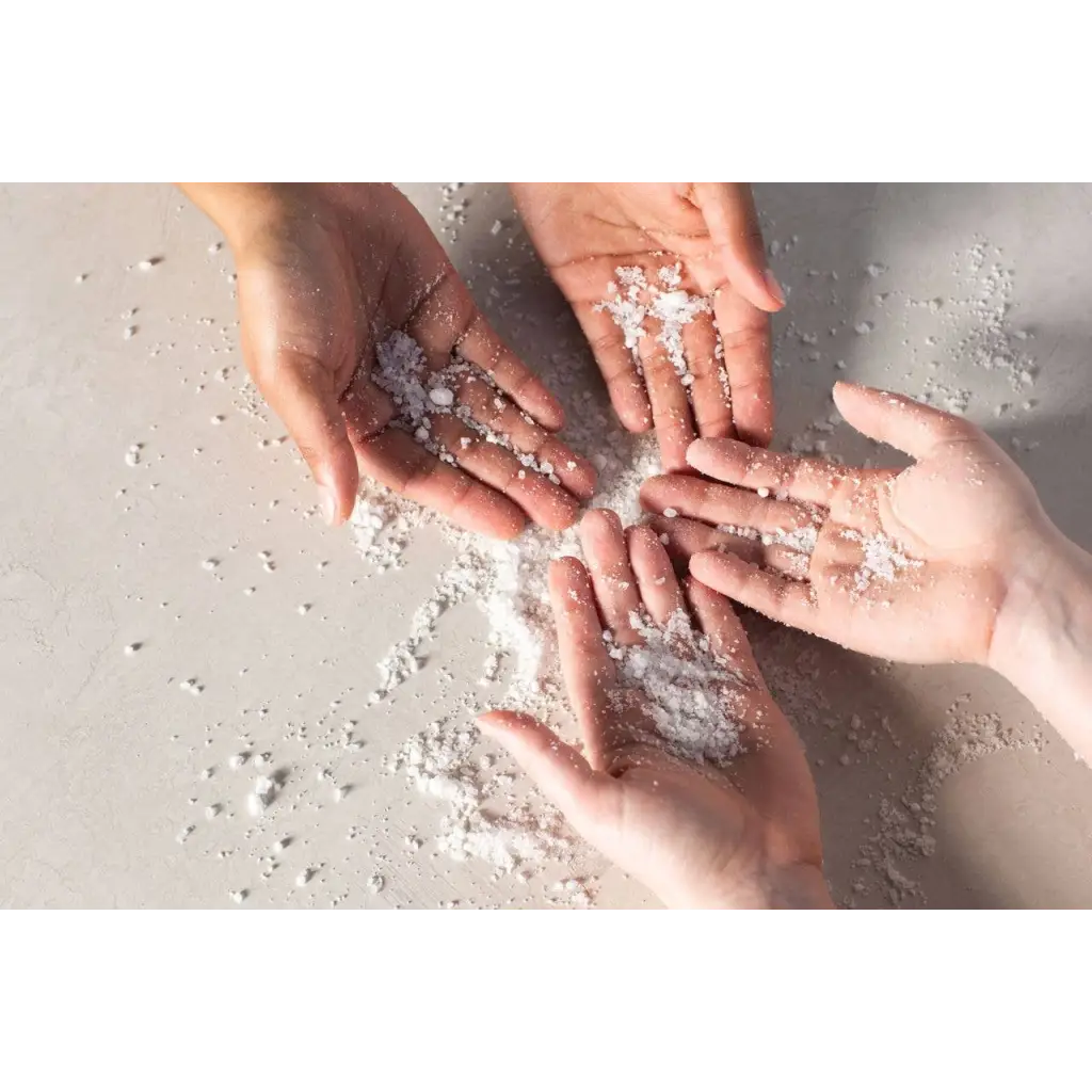 White powder hand-shaped mold in Eucalyptus Bath Soak jar