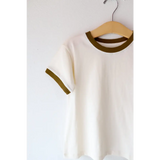 White Everyday Ringer Tee for Kids with Brown Trim on Wooden Hanger