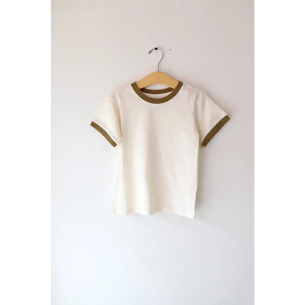 White Everyday Ringer Tee for Kids with Olive Green Trim on Hanger