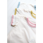 White fabric with pink, gold, and blue trim on a Retro Pastel Trim Everyday Ringer Tee for Kids