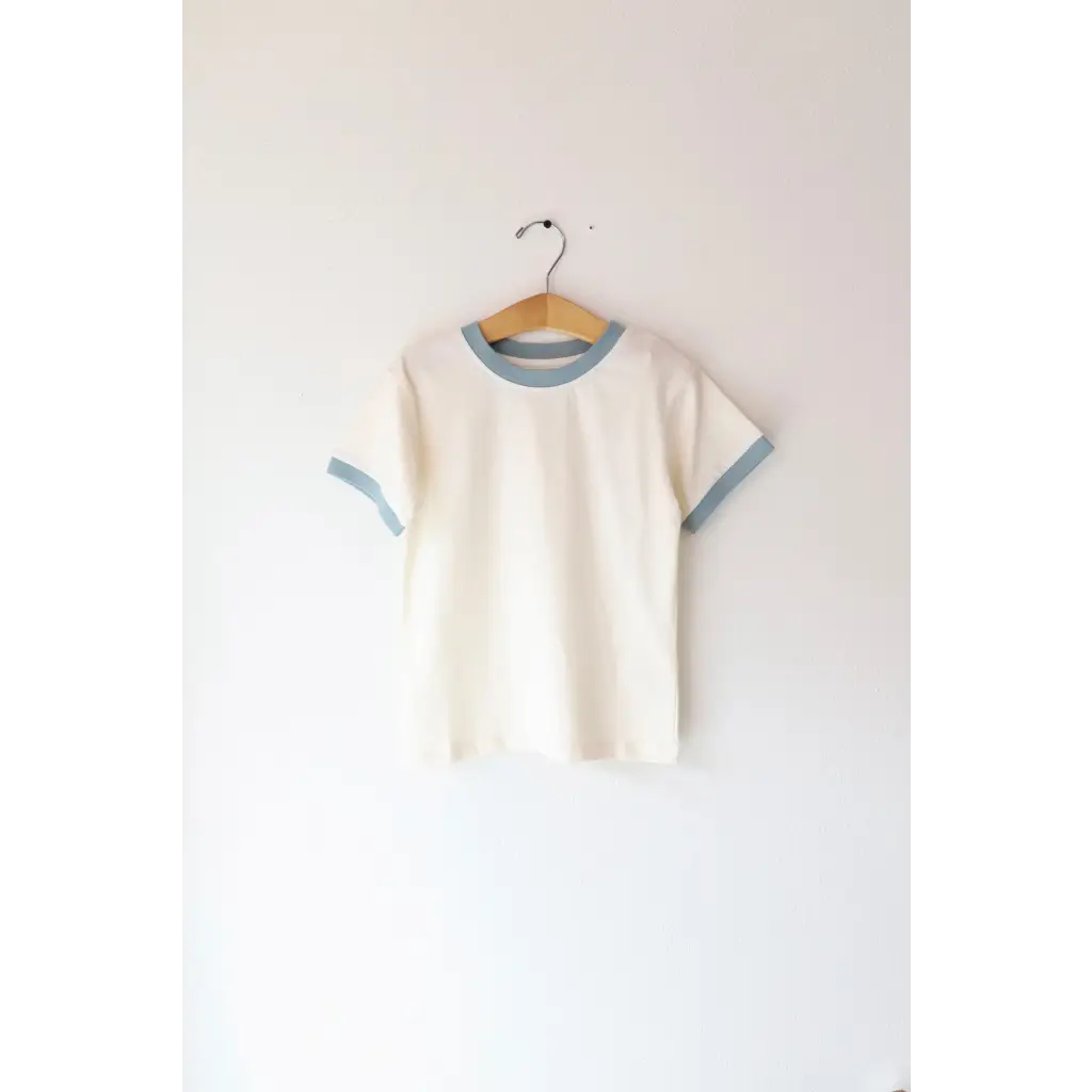 Everyday Kids Ringer in Teal featuring a white tee with light blue trim on hanger