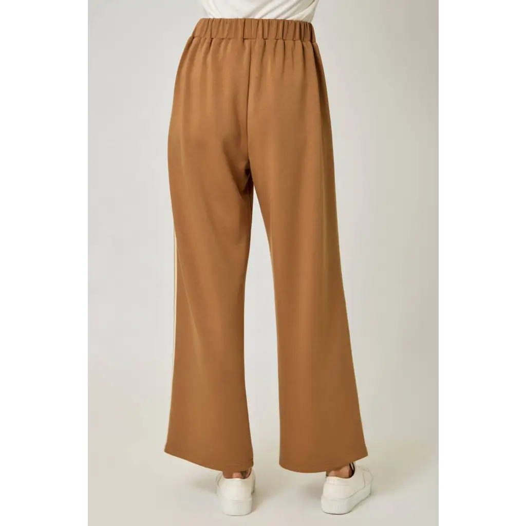 Olive green everyday tracksuit pants with tan wide-leg elastic waistband