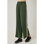 Olive green tracksuit pants with side stripes and elastic waistband, stylish womens clothes