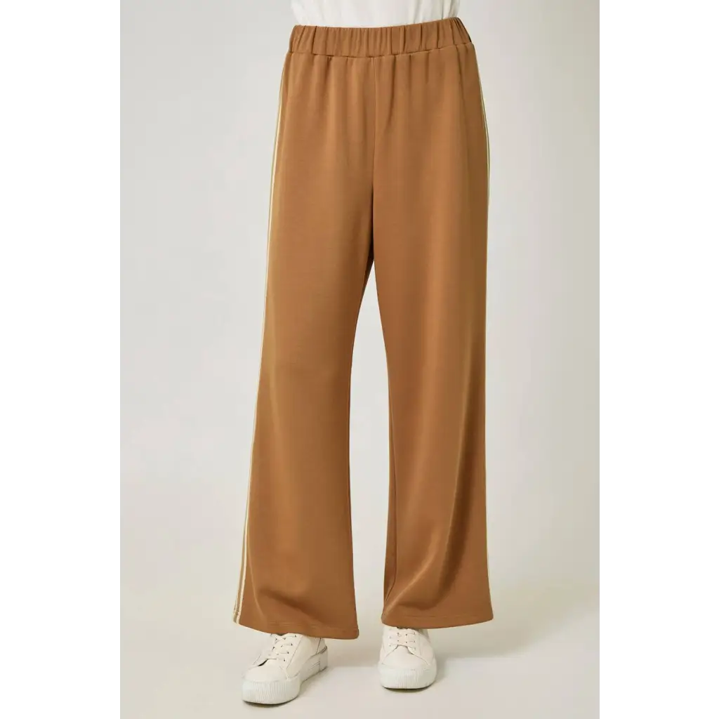 Olive green everyday tracksuit pants with tan wide-leg, elastic waistband and white stripes