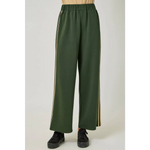 Olive green tracksuit pants with gold stripes and elastic waistband, perfect for stylish womens clothes