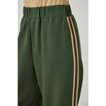 Olive green tracksuit pants with embroidered stripes and elastic waist for stylish womens clothes