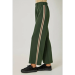 Olive green tracksuit pants with embroidered stripes and elastic waist, stylish womens clothes