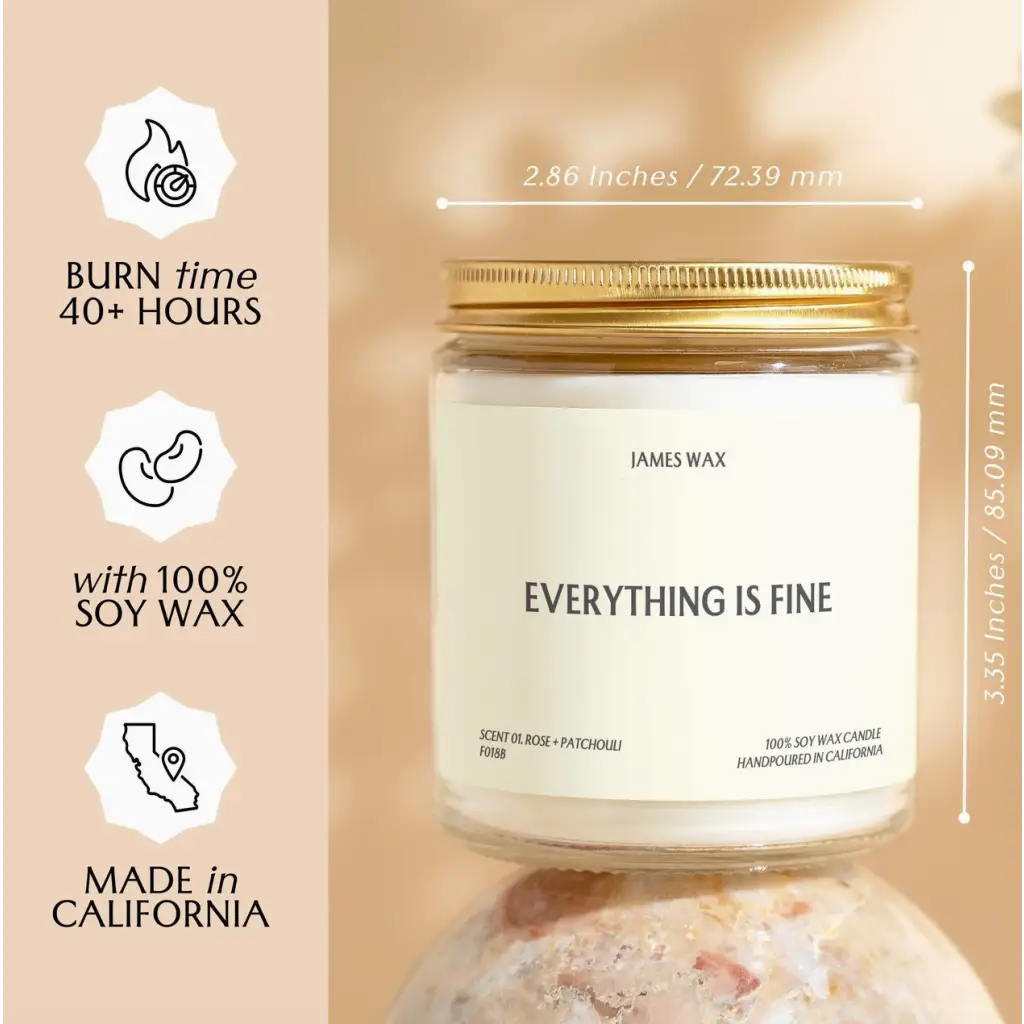 White soy wax candle in glass jar labeled Everything is Fine, pineapple sparkling citrus scent