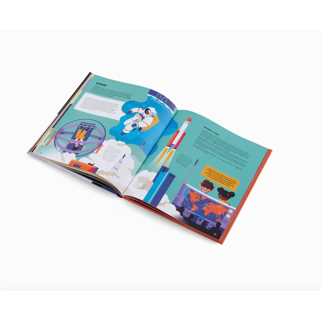 Open children’s book with colorful pages inviting kids to join Louis exploring space adventures