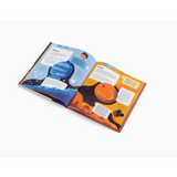 Open educational book with colorful planet pages for Exploring Space with Emma and Louis Adventures