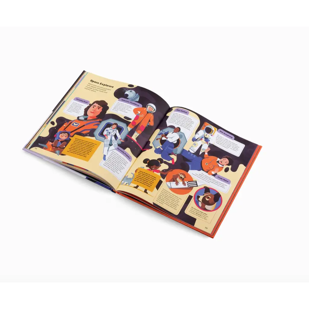 Open book with colorful pages from Exploring Space with Emma and Louis Adventures