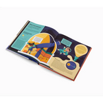 Open book with colorful pages and cartoon characters from Exploring Space with Emma and Louis