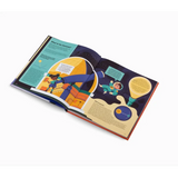 Open book with colorful pages and cartoon characters from Exploring Space with Emma and Louis