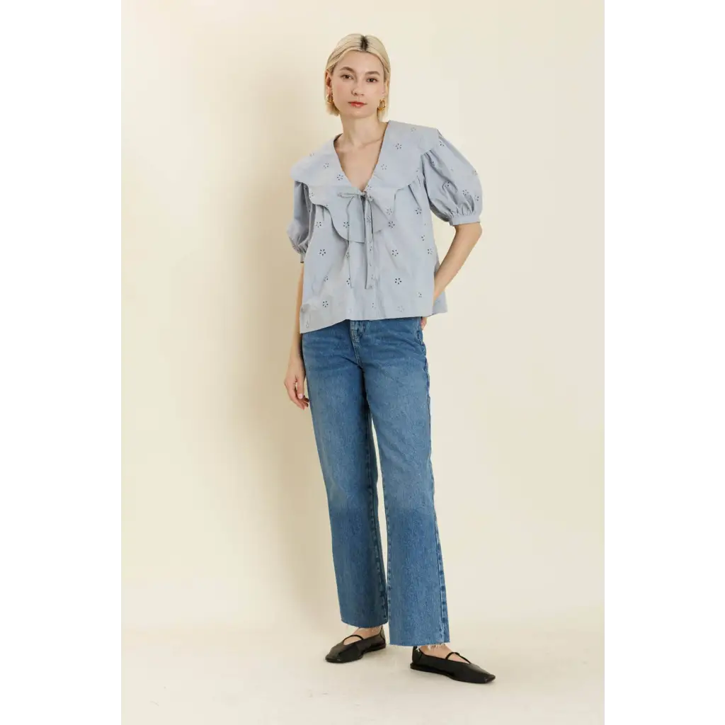 Women’s light blue embroidered puff-sleeve blouse with large collar for stylish womens clothes