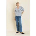 Women’s light blue embroidered puff-sleeve blouse with large collar for stylish womens clothes