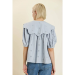 Light blue eyelet blouse with scalloped collar and puff sleeves, perfect for stylish womens clothes