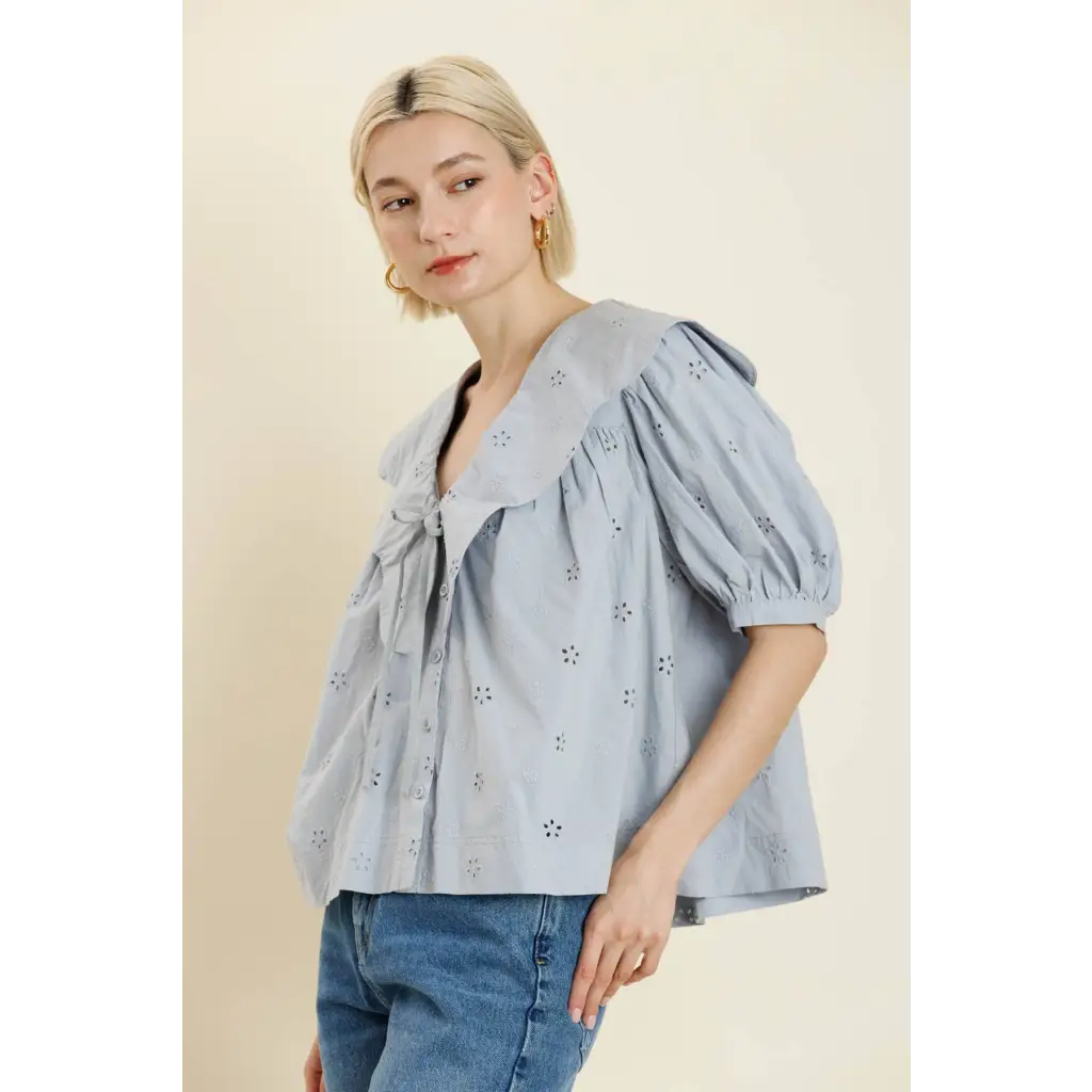 Light blue Eyelet Scalloped Blouse with Peter Pan collar and puff sleeves for stylish womens clothes