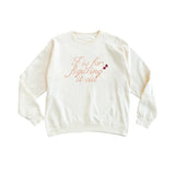 Cream-colored F is for Figuring It Out sweatshirt with polished prints of cursive text and red cherries, stylish womens clothes