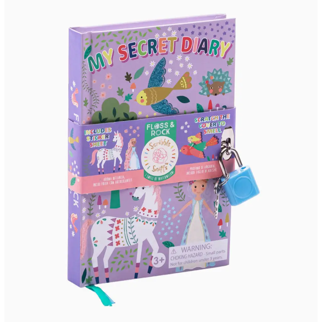 Purple lockable secret diary featuring whimsical unicorns and woodland creatures